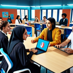 **A diverse group of students from around the world interacting in a vibrant, futuristic online classroom. The scene showcases collaborative learning, with elements of Turkish culture subtly integrated.**