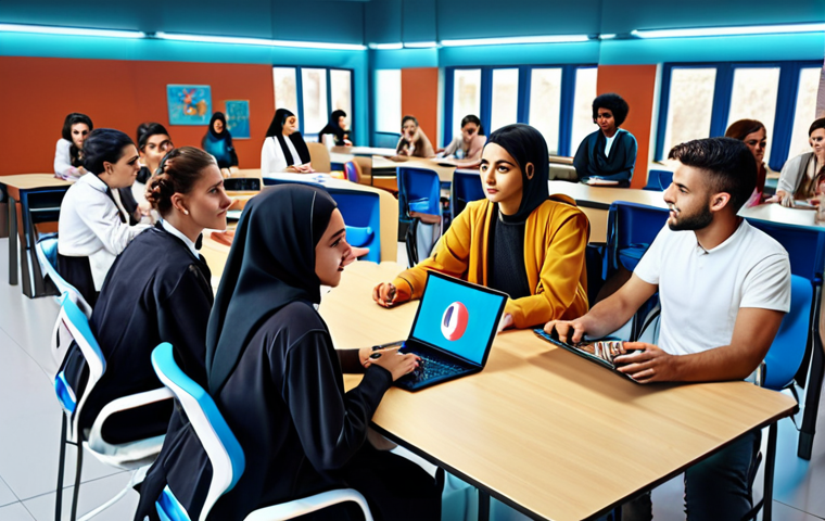 **A diverse group of students from around the world interacting in a vibrant, futuristic online classroom. The scene showcases collaborative learning, with elements of Turkish culture subtly integrated.**