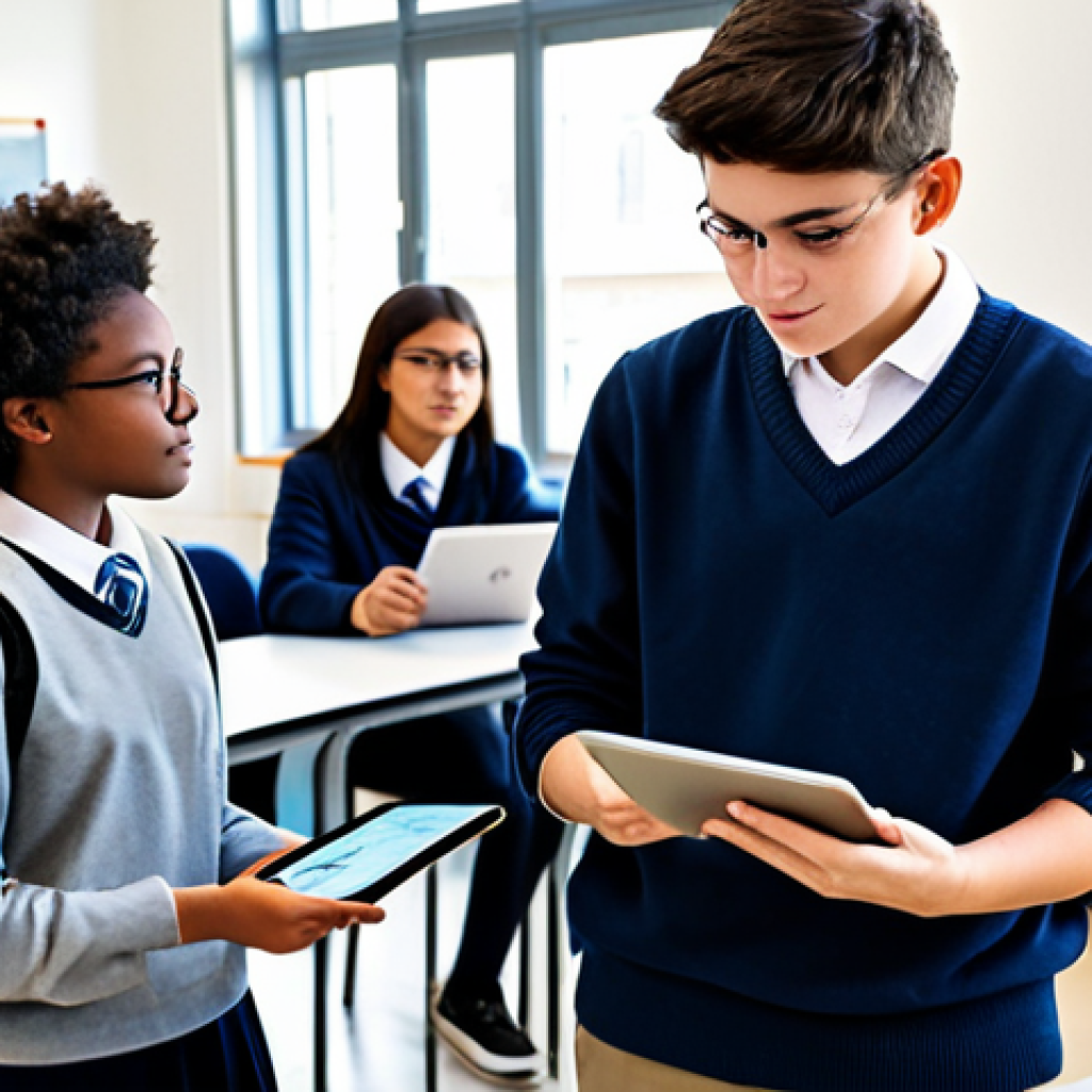 A diverse group of high school students, fully clothed in modest, modern school attire, actively engaged in a bright, modern classroom. They are interacting with digital tablets and a large interactive display, illustrating personalized learning and digital transformation in education. The atmosphere is collaborative and focused, with students showing keen interest in the educational content. perfect anatomy, correct proportions, natural pose, well-formed hands, proper finger count, natural body proportions, safe for work, appropriate content, fully clothed, professional, high quality photography, sharp focus.