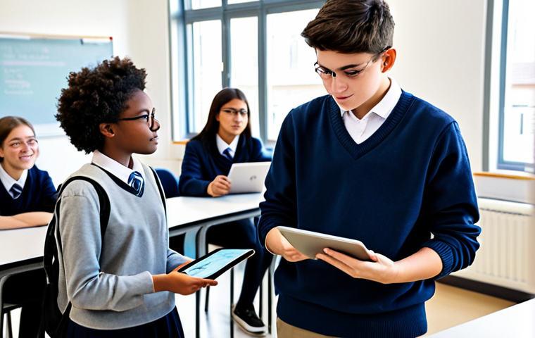 A diverse group of high school students, fully clothed in modest, modern school attire, actively engaged in a bright, modern classroom. They are interacting with digital tablets and a large interactive display, illustrating personalized learning and digital transformation in education. The atmosphere is collaborative and focused, with students showing keen interest in the educational content. perfect anatomy, correct proportions, natural pose, well-formed hands, proper finger count, natural body proportions, safe for work, appropriate content, fully clothed, professional, high quality photography, sharp focus.