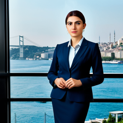**

"A professional businesswoman in a modest business suit, standing in a modern Istanbul office with the Bosphorus in the background, fully clothed, appropriate attire, safe for work, perfect anatomy, natural proportions, professional photography, high quality."

**
