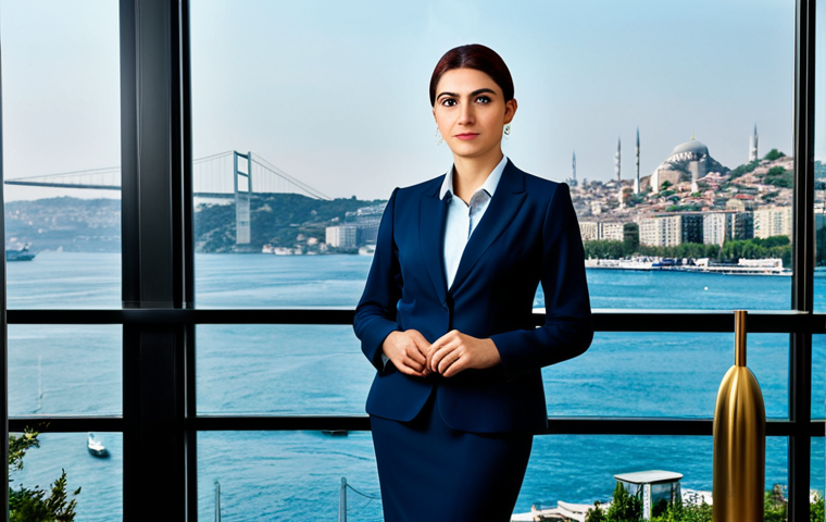 **

"A professional businesswoman in a modest business suit, standing in a modern Istanbul office with the Bosphorus in the background, fully clothed, appropriate attire, safe for work, perfect anatomy, natural proportions, professional photography, high quality."

**