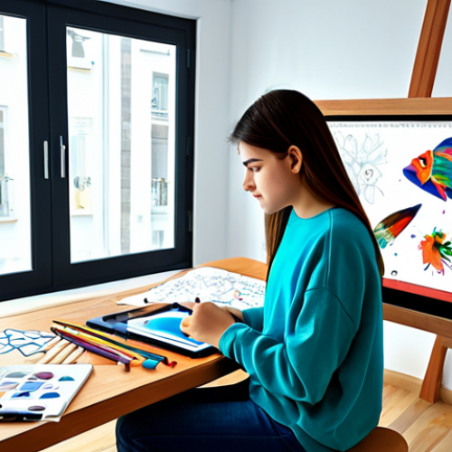 Visual Learning - Digital Art**

"A young Turkish student, perhaps in Istanbul, using a digital tablet to create vibrant art, surrounded by colorful digital paintbrushes and inspiration boards displayed on a large monitor. She's wearing a casual, modest outfit suitable for studying at home. The background is a modern, well-lit room with Turkish design elements. Perfect anatomy, correct proportions, natural pose, professional digital art, high quality, safe for work, appropriate content, fully clothed, family-friendly."

**