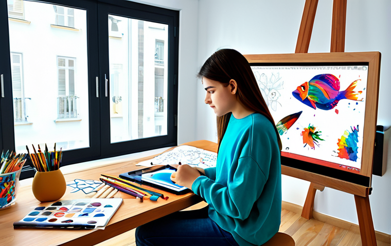 Visual Learning - Digital Art**

"A young Turkish student, perhaps in Istanbul, using a digital tablet to create vibrant art, surrounded by colorful digital paintbrushes and inspiration boards displayed on a large monitor. She's wearing a casual, modest outfit suitable for studying at home. The background is a modern, well-lit room with Turkish design elements. Perfect anatomy, correct proportions, natural pose, professional digital art, high quality, safe for work, appropriate content, fully clothed, family-friendly."

**