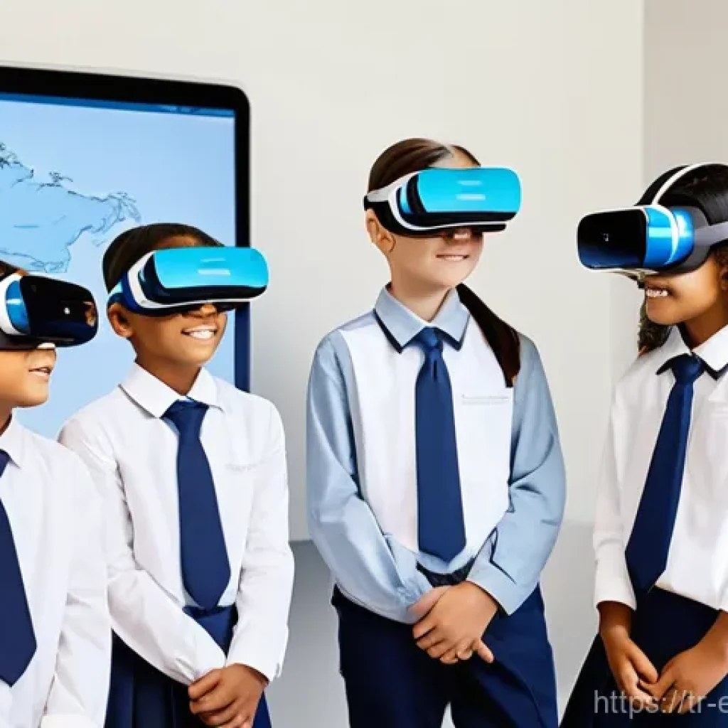 교육공학과 학교 밖 학습 - **Prompt:** A diverse group of children, aged 8-12, happily engaged in an advanced, futuristic learn...