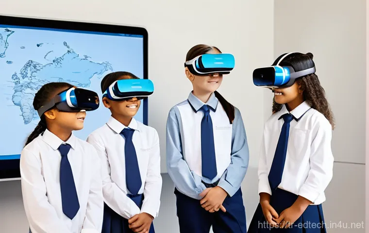 교육공학과 학교 밖 학습 - **Prompt:** A diverse group of children, aged 8-12, happily engaged in an advanced, futuristic learn...