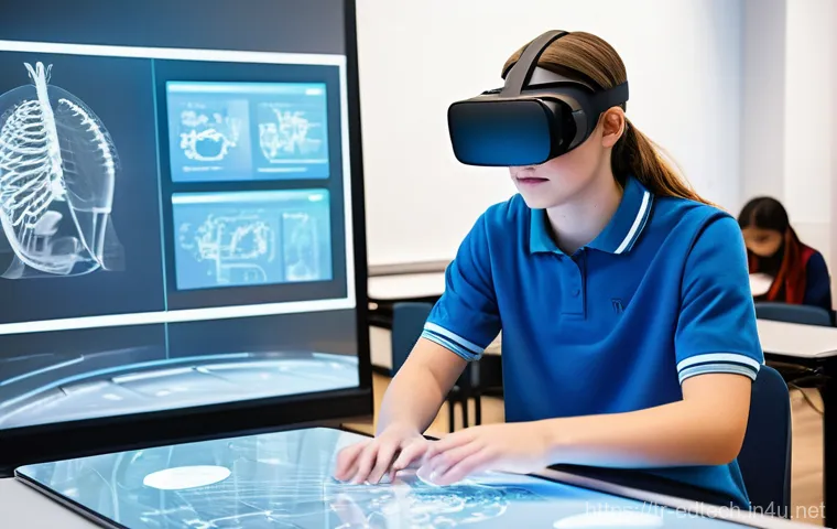 교육공학과 교육 컨설팅 - **A Futuristic Classroom of Immersive Learning**:
A vibrant, modern classroom bathed in soft, na...