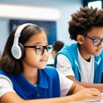 교육공학과 미디어 리터러시 - **Prompt:** "A diverse group of cheerful, engaged middle and high school students, aged 12-17, in a ...