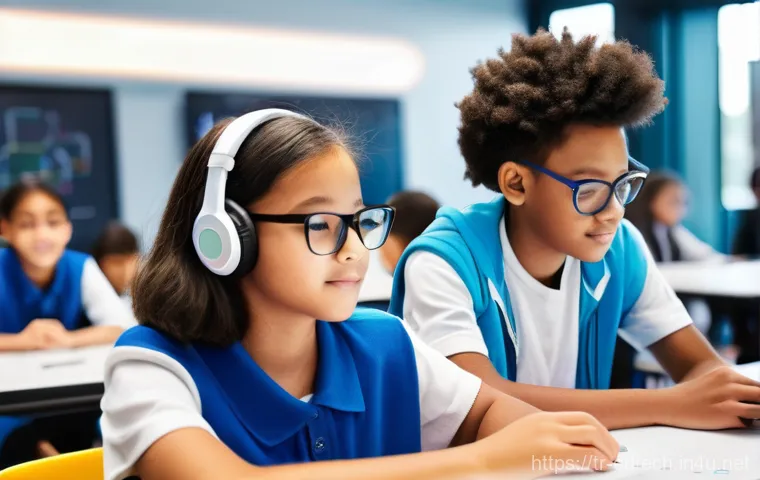 교육공학과 미디어 리터러시 - **Prompt:** "A diverse group of cheerful, engaged middle and high school students, aged 12-17, in a ...