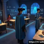 교육공학과 메타버스 - A futuristic, vibrant metaverse classroom bustling with diverse teenagers, all dressed in modest, ca...