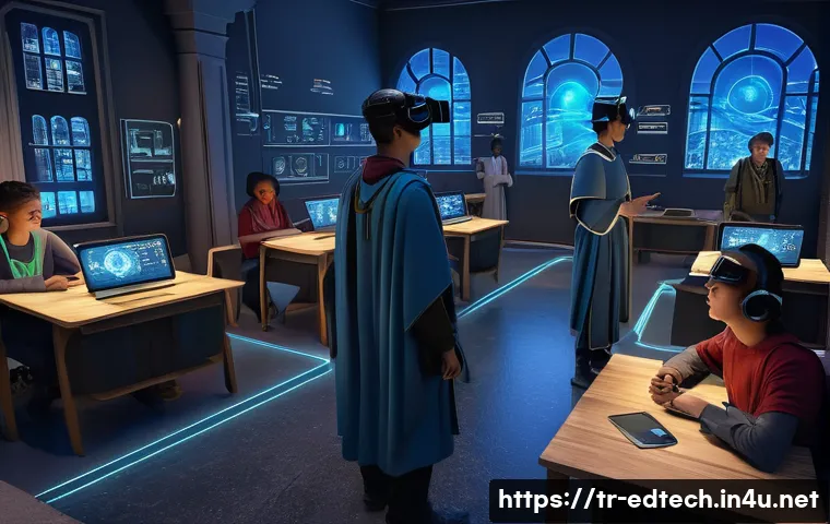 교육공학과 메타버스 - A futuristic, vibrant metaverse classroom bustling with diverse teenagers, all dressed in modest, ca...